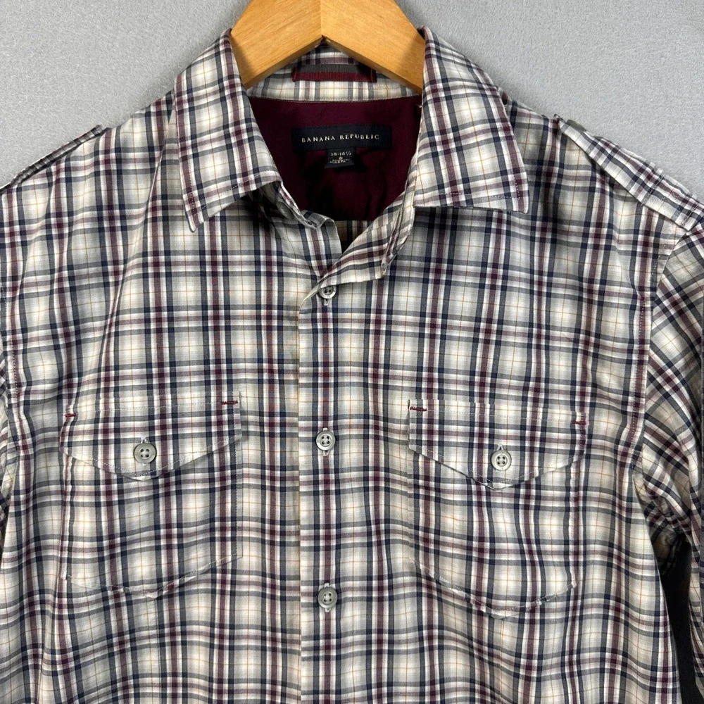 Banana Republic Mens Small Plaid Button Down Shirt Stretch Epaulets Burgundy S